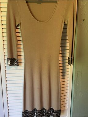 BCBGeneration Beige Long Sleeve Scoop Neck Dress with Metallic Trim